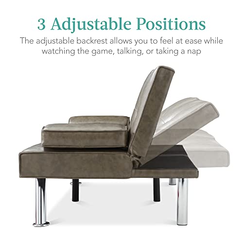 Best Choice Products Faux Leather Upholstered Modern Convertible Folding Futon Sofa Bed For Compact Living Space, Apartment, Dorm, Bonus Room W/Removable Armrests, Metal Legs, 2 Cupholders - Gray #TOP1