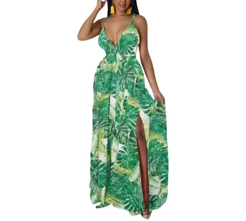 Womens Sexy Spaghetti Strap Deep V Neck Floral Boho Criss Cross Backless Chiffon Beach Party Long Maxi Dress(Green,Large)