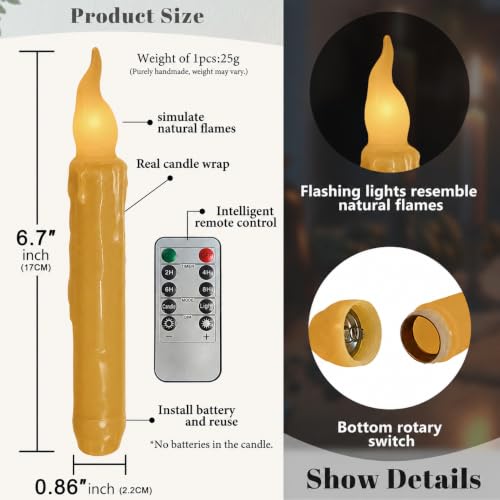Image of Mustard Yellow Flameless Short Taper Candles, Real Wax Hand Dipped LED Battery Operated with Remote, Flickering Flame Lights for Party Home Decor, 6.7 Inch Primitive Flameless Candles, 2PCS