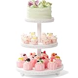 VIVIRBIEN Wooden Cupcake Stand Holder：3-Tierd 14in White Round Cake Stand with Beads,Dessert Table Display for 30 Cupcakes,Easy to Assemble and with Instruction,Great for Wedding/Party/Birthday/Home Decor
