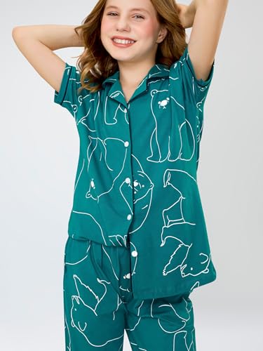 Image of ZEYO Night Suit for Girl's Polar Bear Printed Cotton Night Dress of Shirt and Pajama Set 5533