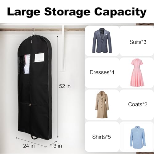 52-Inch Garment Bag for Travel & Storage Suit and Dress Carrier with 2 Pockets and Carry Handles Garment Covers Bags Perfect for Business Trips, Vacations, and Wedding (Black-2 Packs)2