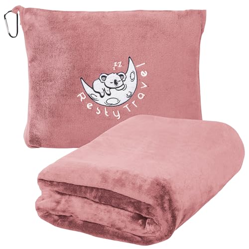 Resty Manta de viaje – Cobija compacta de avión con bolsa – Manta y almohada de viaje pequeña y ligera – Cobija portátil con mosquetón para un fácil transporte – Avión tren coche (rosa)