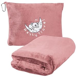 Resty Travel Blanket – Compact Airplane Blanket with Bag – Small and Lightweight Traveling Blanket & Pillow – Portable Blankets with Carabiner for Easy Transport – Plane Train Car (Pink)