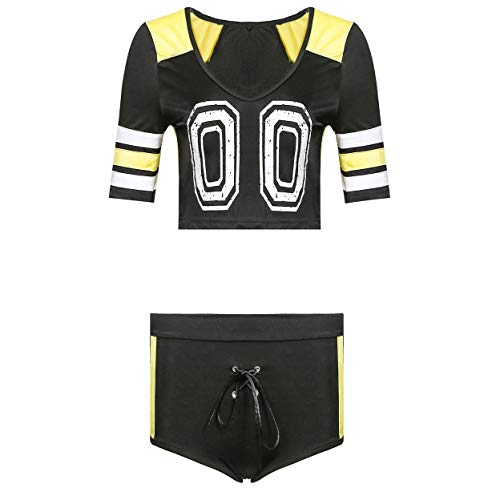 ThreeH Cheerleader Costume Cheerleading Uniform Football Short Sleeve Shirt Sets Stage Cosplay Payty Uniform,Black