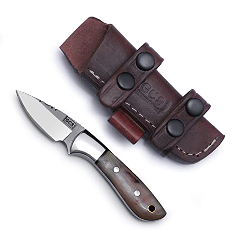 GCS Handmade D2 steel Hunting Knife Sheep Horn Handle Tactical Knife with Right Hand Cross Draw leather Sheath for Hunting Camping Survival and EDC GCS 235