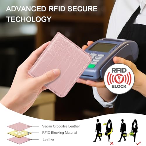Image of Crocodile Wallets Women Small RFID Blocking Credit Card Holder | Luxury Alligator Faux Leather Thin Bifold Croc Womens Wallet Ladies Mini Purse with Coin Pocket, Pink