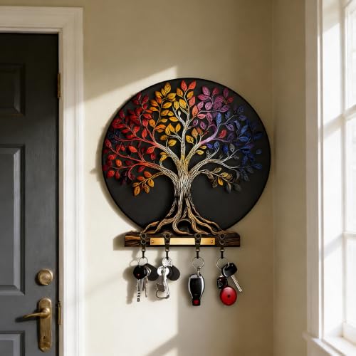 Image of Handcrafted Tree of Life Wooden Key Holder for Wall | Multicolor Decorative Key Rack with 6 Hooks | Stylish MDF Key Organizer for Home Entrance, Living Room, Office & Housewarming Gift