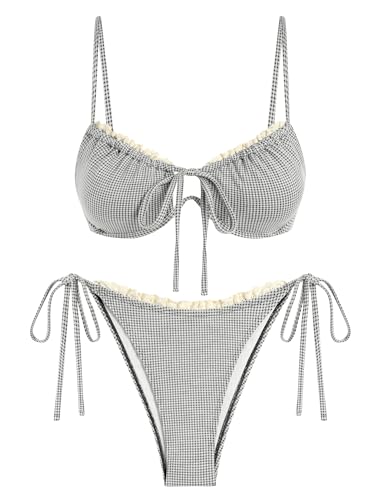 Image of ZAFUL Women High Cut Bikini Sets String Sexy Swimsuit Two Piece Underwire Bathing Suit Brazilian Cheeky Cut Out Cute Swimwear