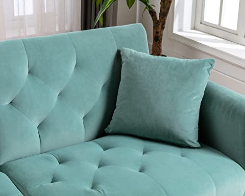 Convertible Velvet Futon Sofa Bed, Upholstered Loveseat Sleeper Couch With 3 Reclining Angles And 2 Pillows, Modern Living Room Sofa Couch With 5 Solid Metal Legs For Guest Room, Office, Mint Green #TOP4