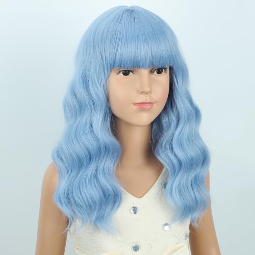 Image of Girls Lake Blue Wig with Air Bangs Kids Short blue Wavy Curly Wigs Synthetic Cosplay Hair for Halloween