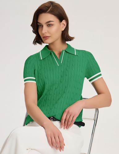 Image of Micoson Womens Short Sleeve Sweater Tops Lapel V Neck Polo Shirts 2026 Summer Cable Knit Loose Blouse Business Casual Outfits