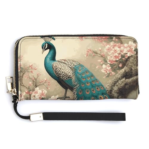 Oriental Peacock on Flower Tree Wristlet Long Wallet Womens Purse Zip Clutch Large Capacity Leather Purse Credit Coin Purse