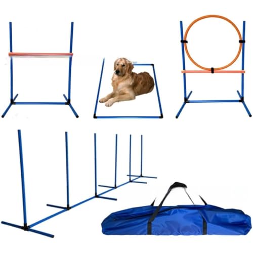ガードレールと犬やペット用のおもちゃが付いた4点セットのドッグアジリティトレーニングセット。高さ調節が可能で持ち運びも簡単。屋外の障害物や運動トレーニングに最適なドッグアジリティマシンです。 (セット2)