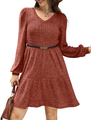 Sampeel Fall Dresses for Women 2026 Long Sleeve V Neck Casual Sweater Dress Fashion Must Have Halloween Clothes Caramel M - image 4