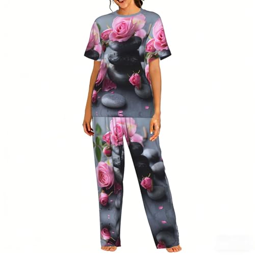 Ensemble de pyjama doux femme en maille fine premium et imprimé fleuri rose