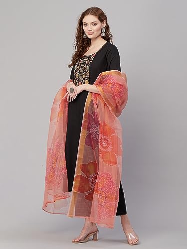 Image of GoSriKi Women's Cotton Blend Straight Embroidered Kurta with Pant & Dupatta