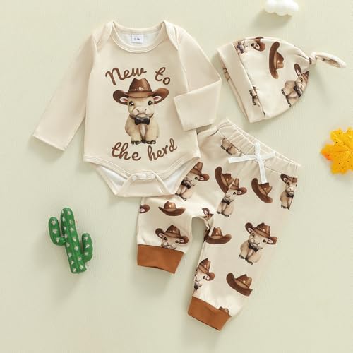 BULINGNANew to the Herd Baby Outfit Cow Print Fall My First Rodeo Long Sleeve Romper Pants Set Hat Western Baby Cowboy Outfit (Khaki, 0-3 Months) by BULINGNA - Image 4