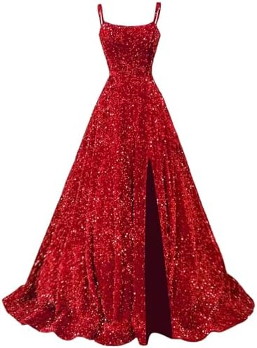 Sparkly Sequin Prom Dresses for Women with Slit Long Spaghetti St...