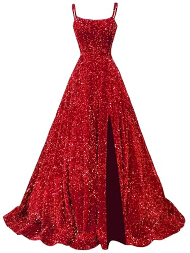 Syjjk Spaghetti Straps Red Prom Dresses for Women 2026 Ball Gown with Slit Glitter Sequin Formal...