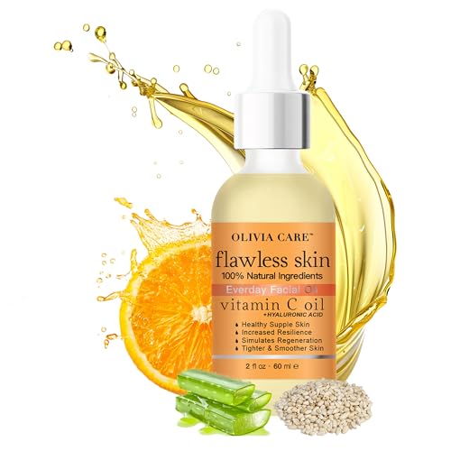 Olivia Care Vitamin C + Hyaluronic Acid Flawless Essential Facial Oil Acid 100% Natural, Reviving, Hydrating, Calming & Soothing. Stabilize & Retain Moisture 2 fl oz (Vitamin C)