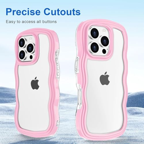 Image of GoldKart iPhone 16 Pro Max Case Wavy Edge Clear Back Design, Anti-Slip Grip Cute Wave Curly Frame Shape Shockproof Soft TPU & Hard PC Bumper Protective Phone Case Cover for Women Girls - Pink
