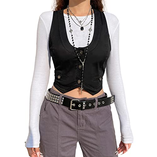 XBTCLXEBCO Women's Dressy Waistcoat Racerback Button Vest Jacket Vintage Steampunk Sleeveless Tuxedo Suit Vest Crop Tank Top