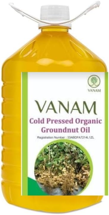 VANAM Cold/Wood Pressed Pure Unrefined Organic Virgin Groundnut (Peanut) Oil Kolhu/Kacchi Ghani/Mara Chekku/Ganuga | Enriched with MUFA & OMEGA 6 PUFA | Natural | Chemical-Free | for Cooking - 5 Litre