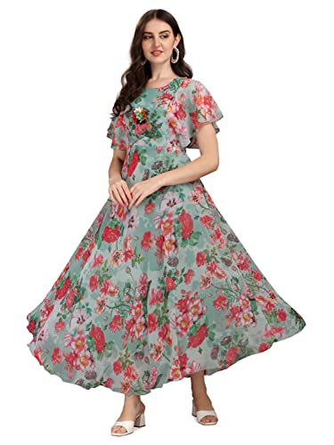 Image of Fashion2wear Women's Georgette Floral Digital Print Short Sleeve Full-Length Fit & Flare Long Gown Dress for Girls (LN-X9TQ-MN1D)