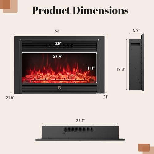 Image of Giantex 33 inch Electric Fireplace Insert, Wall Recessed /Mounted, Freestanding Fireplace with Remote Control, 3 Color Adjustable Flames, 2 Modes Heat, 8H Timer, 5 Brightness, 750 /1500W Heater