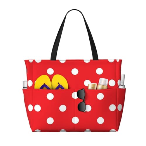 Grand sac de plage sac à bandoulière femme à pois rouge et blanc avec poignées