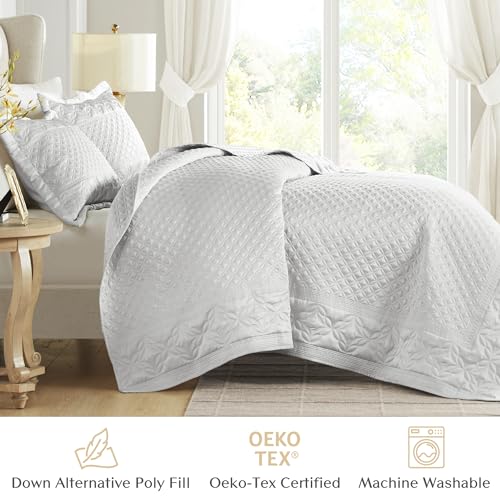 CROSCILL Quilt Set Luxe Ornamental Motif Embroidery Quilting, Oversized Coverlet for King Size Bed, Matte Satin, All Seasons, Lightweight Microfiber Coverlet Bedspread, Shams, Versailles Grey 3 Piece