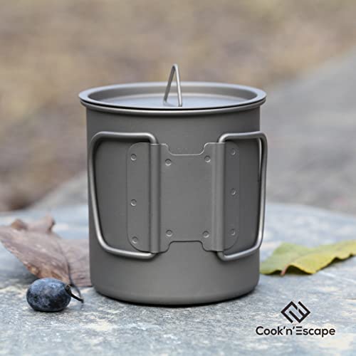 Image of COOK'N'ESCAPE Titanium Camping Pot, Camping Cookware Set, 2 in 1 Pots and Pans Set with Folding Handle, Ultralight Camping Frying Pan Open Over Fire Food Cooking for Outdoor Backpacking Hiking Picnic
