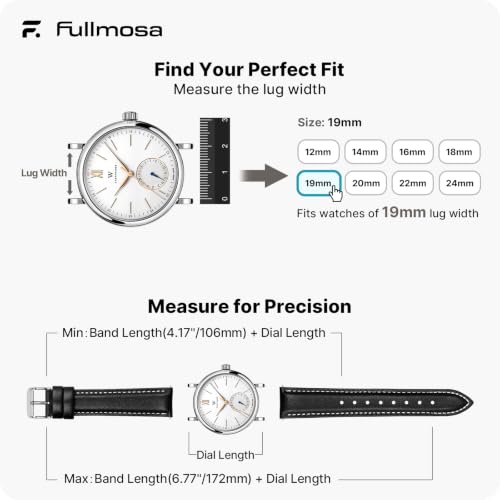 Image of Fullmosa 19mm Quick Release Leather Watch Band | Traditional Smartwatch Replacement Strap for Women Men Formal Daily Commute, Black&Silver Buckle