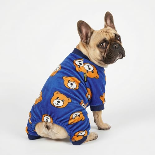 Fitwarm Hunde-Pyjama, Hundekleidung für kleine Hunde, Jungen, Mädchen, Fleece-Einteiler mit Füßen, Königsblau, Braun, Größe S