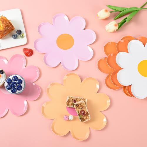 Image of 48Pcs Groovy Daisy Paper Plates Floral Shaped Scalloped Dinner Plates