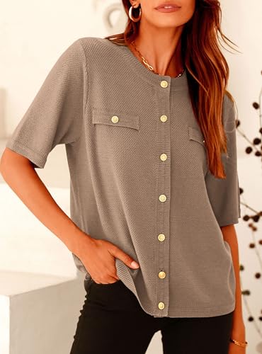 PRETTYGARDEN Women's Summer Button Down Shirts Casual Short Sleeve Crew Neck Ribbed Knit Blouse Top Cardigans3