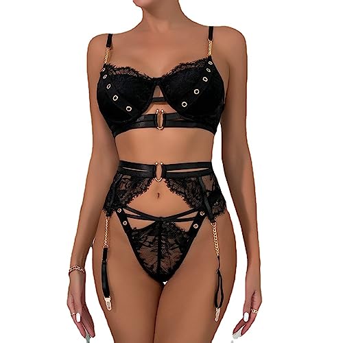 Lingerie sexy noire à chaîne métallique ensemble trois pièces pour soirée romantique