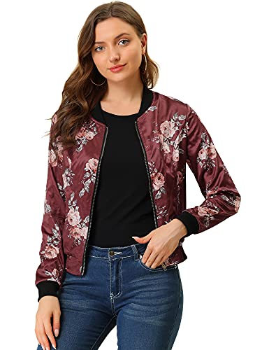 Allegra K Women's Bomber Jacket Satin Long Sleeve Zipper Floral Print Casual Fall Coat with Pocket Winter Outwear Medium Burgundy