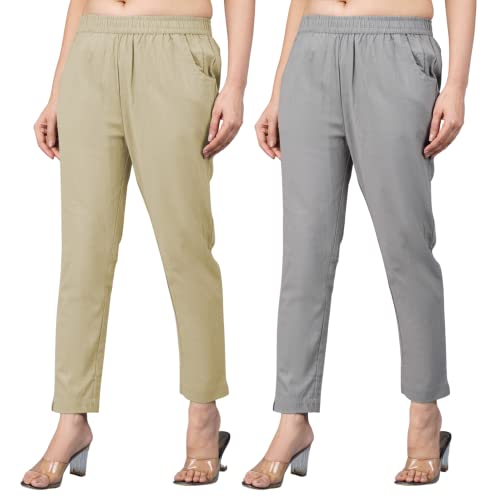 Image of Regular Fit Fully Elastic Waist Ankle Length Premium Cotton Casual Trouser Pant (Combo Pack of 2)
