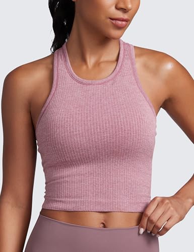 Image of CRZ YOGA Seamless Rib Racerback Crop Tank | Light Support, Removable Pads, Yoga, Ribbed, Racerback, Longline Sports Bras for Women