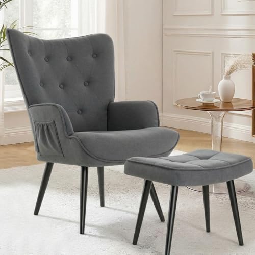 Clevich Ohrensessel mit Hocker - Lesesessel aus Chenillestoff Gemütlicher Loungesessel bis 168kg, Sessel für Wohnzimmer Wohnheim & Schlafzimmer - Grau