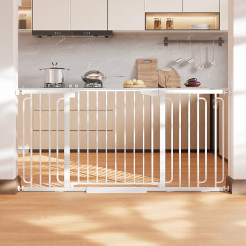 Cumbor 36.6-64 Extra Wide Baby Gate for Stairs Dog Gates for Doorways Auto-Close Pet Gate Indoor Pressure Mounted Walk Through Safety Child Gate for Kids Toddler Tall Pet Puppy Fence Gate White