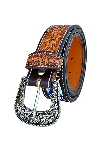 Western Genuine Leather Beaded Belt Tooled Basket Weave Beaded Belt for Men and Women 30AB0073