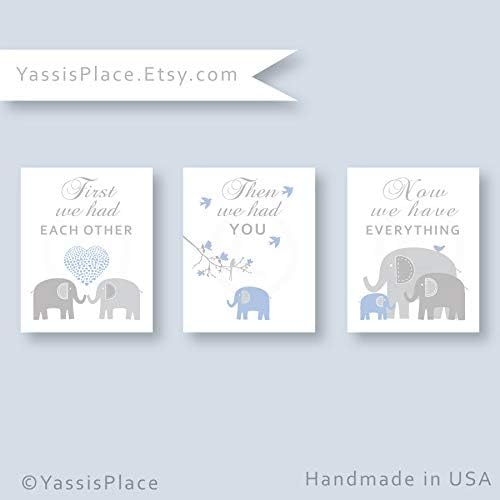 NNNNOOO Blue and Gray CANVAS Art Elephant Nursery Decor Baby boy Decor Kids Wall Art Baby Gift First we had each other 8x10 inches Set of 3