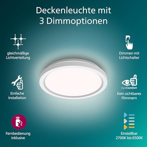Philips LED Deckenleuchte rund, dimmbar, Tunable White, Wohnzimmer, Schlafzimmer, kein Flimmern, modernes Design