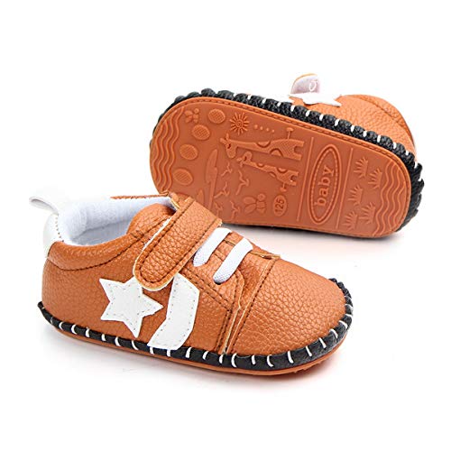 Mamamiya Infant Baptism Outfits for Baby Boys Girls Shoes PU Leather Classic Star Pattern Toddler First Walking Crib Sneaker, Star Brown, 3-6 Months Infant