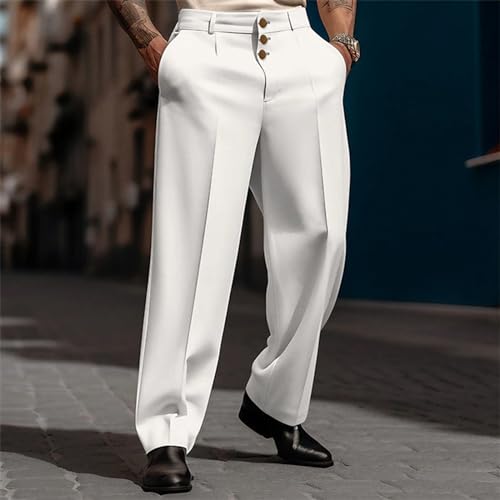 Men's Casual Pants Elastic Waist Straight-Fit Business Classic Summer Outfits Solid Street Button Suit Pants3