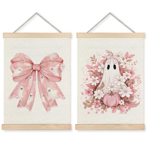 Exqcom Coquette Pink Bow Floral Halloween Ghost Wall Decor Set