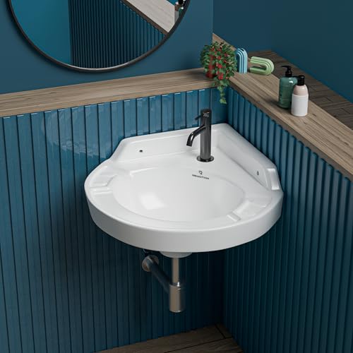 Image of REMOTION Ceramic Wall Hung Corner Wash Basin for Bathroom | Wall Mounted Corner Sink | Space-Saving, Durable & Stylish Design (17 x 15 x 7.5 Inch) (White)